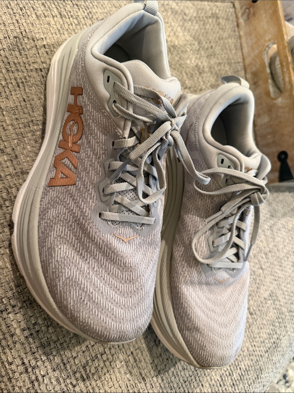Hoka Women's Athletic Shoes - Light Gray with Rose Gold Logo